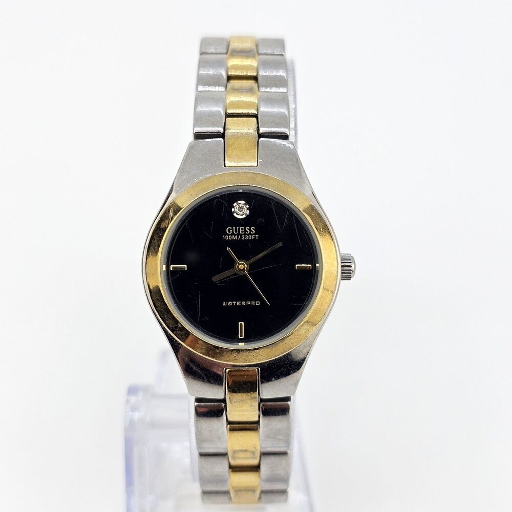 Guess Women's Watch 25MM Black Dial Two Tone Bracelet Band‎ 6.5" New Battery